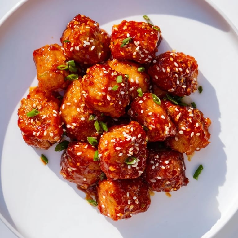 Vibrant overhead shot: Bite-sized Honey-Sriracha Chicken pieces, coated in spicy glaze, perfect game day appetizer.