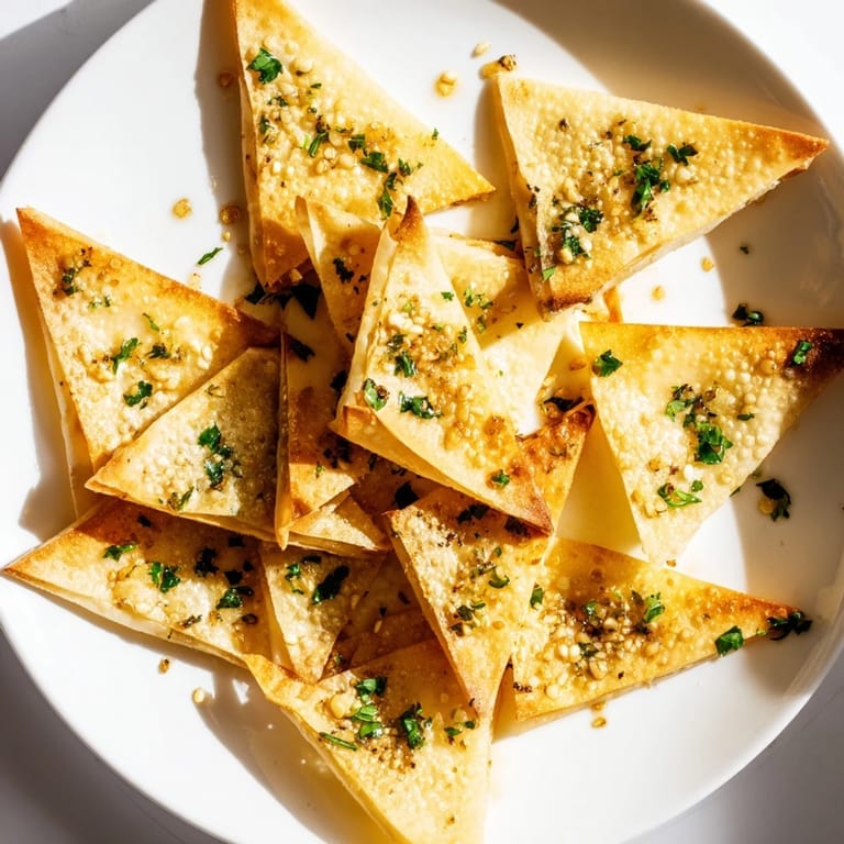 Close-up of freshly air-fried crispy garlic lumpia chips, showcasing golden, textured surfaces.