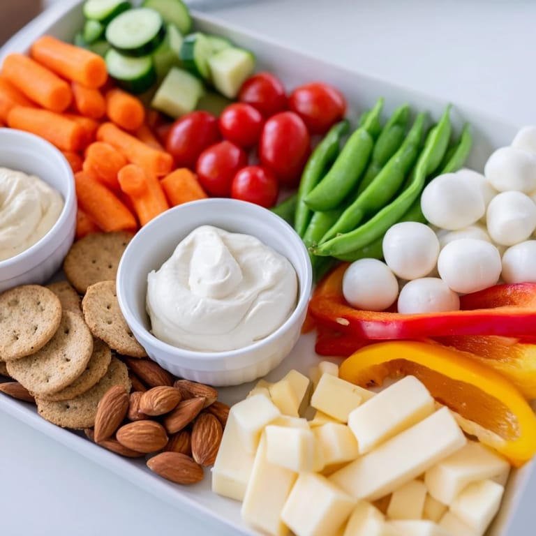 Healthy and satisfying Veggie Snack Board featuring cheddar, mozzarella, and a variety of colorful veggies.