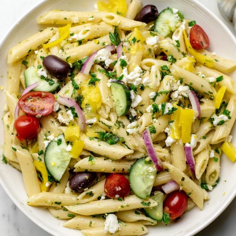 Cool, refreshing lemon pasta salad with a bright lemon dressing, perfect for a summer picnic lunch.