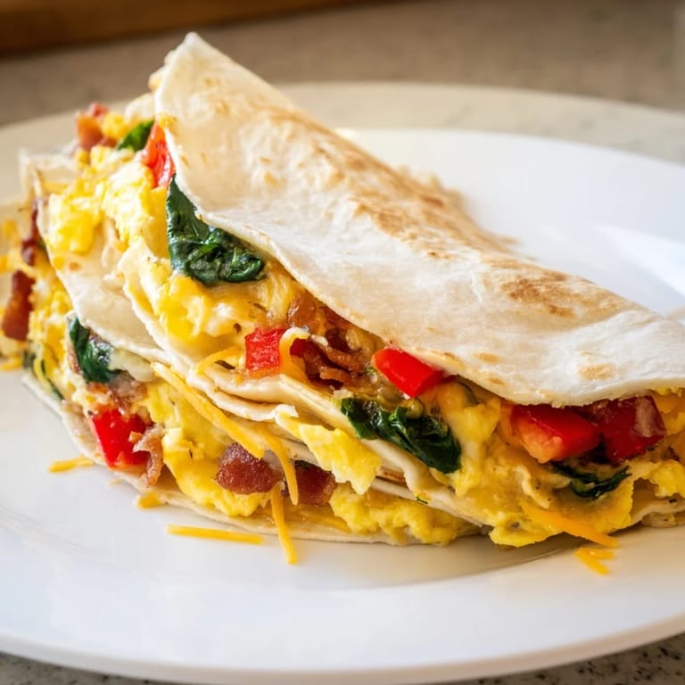 Crispy and delicious Breakfast Quesadilla showcasing eggs, bacon, cheese, peppers, and spinach, perfect for a quick breakfast.