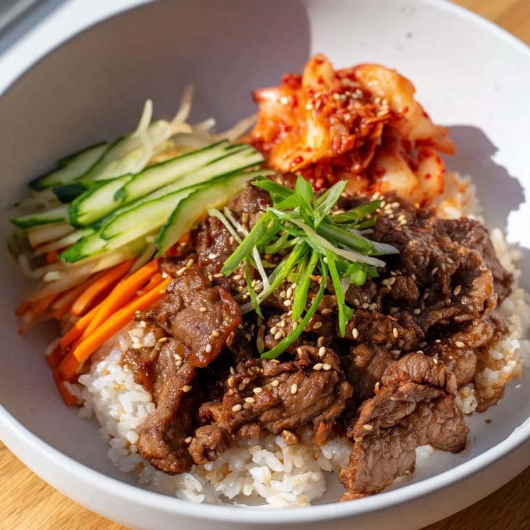 Savory Bulgogi Beef Bowl overflowing with marinated beef, fresh vegetables, and fluffy rice; a colorful dish.