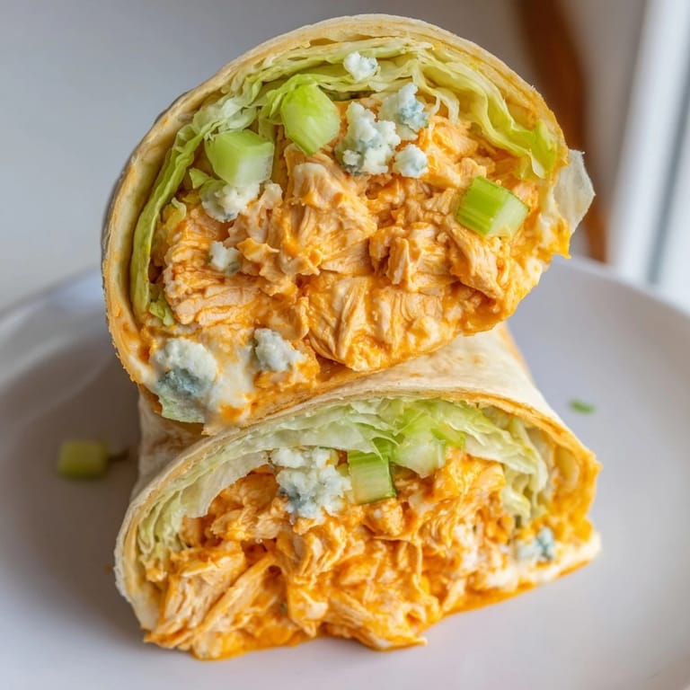 Fresh romaine lettuce and spicy Buffalo Chicken Dip filling rolled inside a flour tortilla, ready to eat.