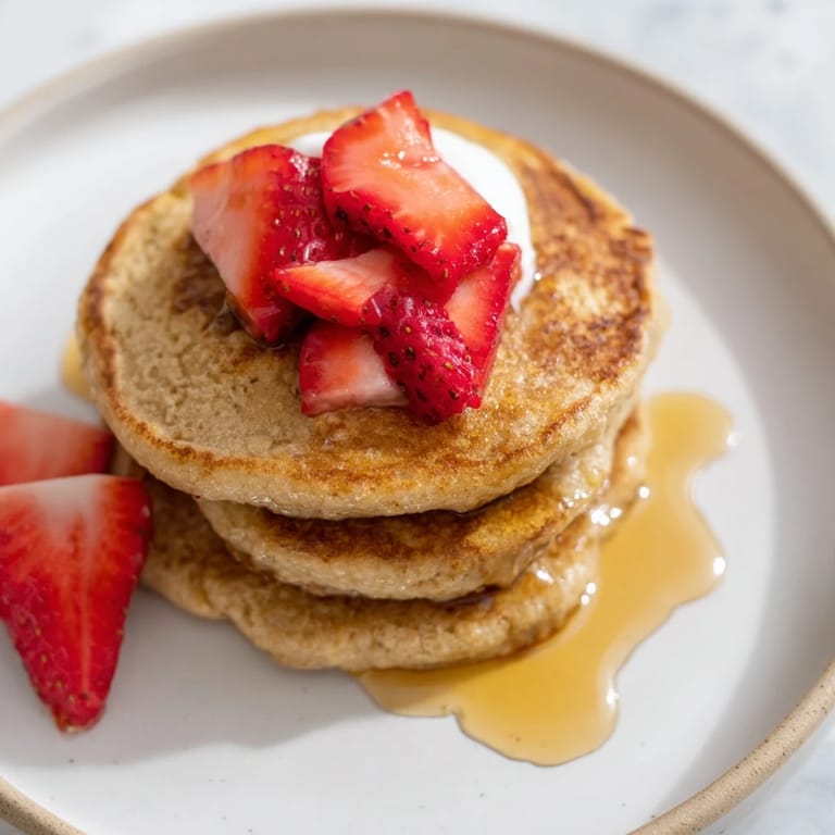Fluffy, homemade protein banana pancakes garnished with fresh berries and ready to be devoured.