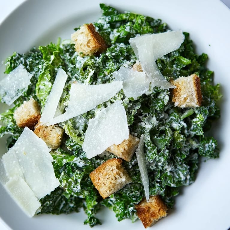 This healthy kale Caesar salad features massaged kale leaves, flavorful dressing, and golden, crispy croutons.
