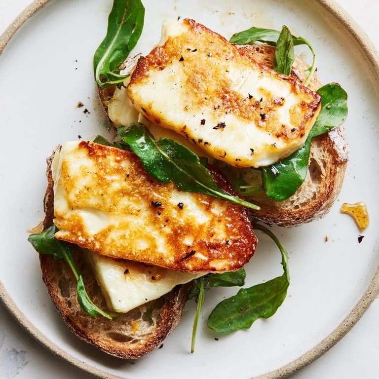 Close-up of a sizzling Crispy Halloumi Grilled Cheese, showing the cheese melting between golden-brown bread.