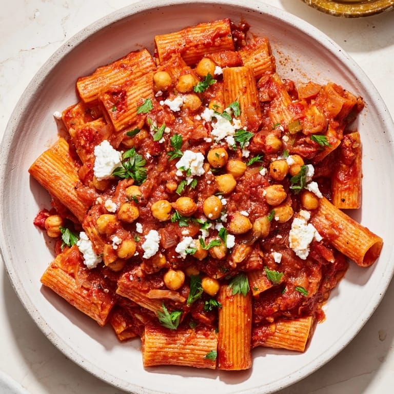 Close-up of harissa chickpea pasta: a vegetarian meal with chickpeas and spicy tomato sauce.