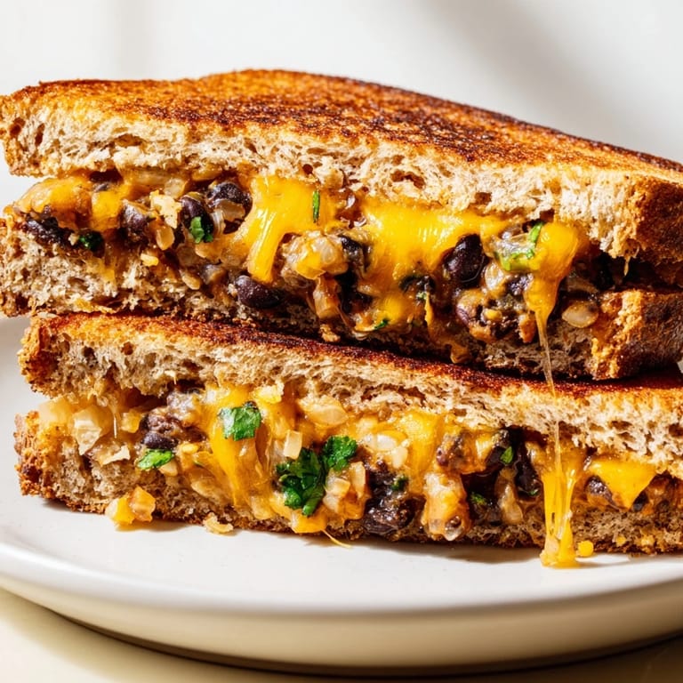 A close-up of a perfectly grilled Black Bean Grilled Cheese, showcasing the crispy bread and filling.