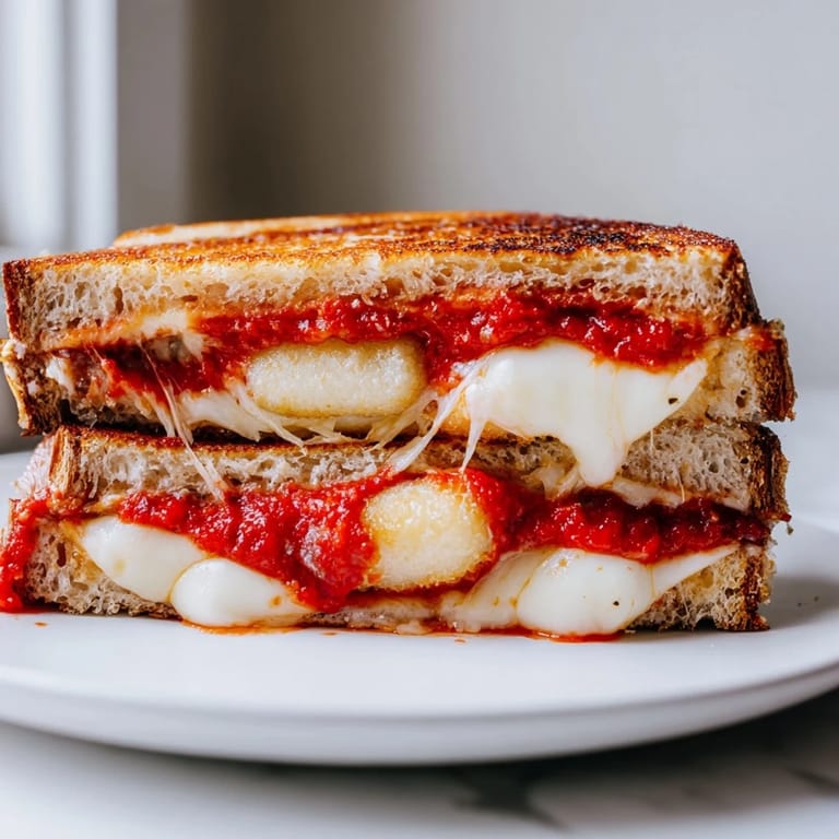 Melted mozzarella oozes from a delicious Mozzarella Stick Grilled Cheese with marinara dip; ideal lunch.