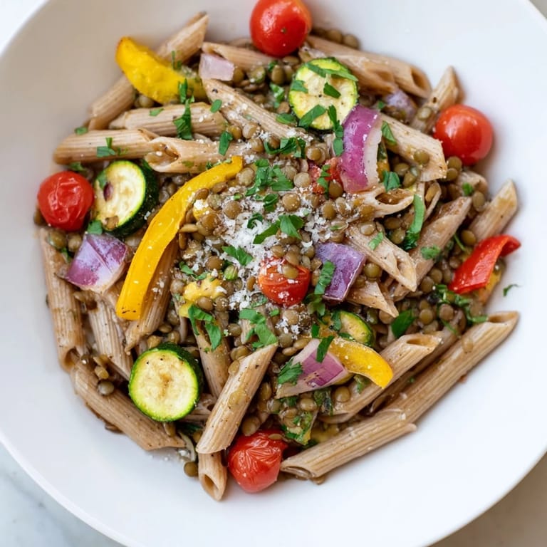 Warm, flavorful lentil pasta featuring colorful roasted vegetables and fresh herbs for a tasty dinner.