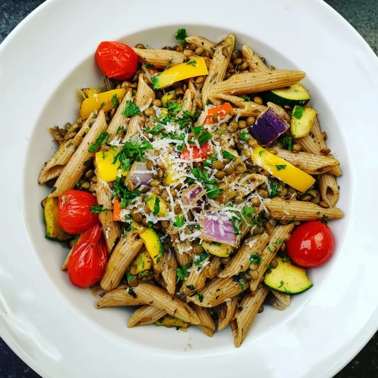 A comforting bowl of lentil pasta with vegetables, richly seasoned and perfect for a vegetarian meal.