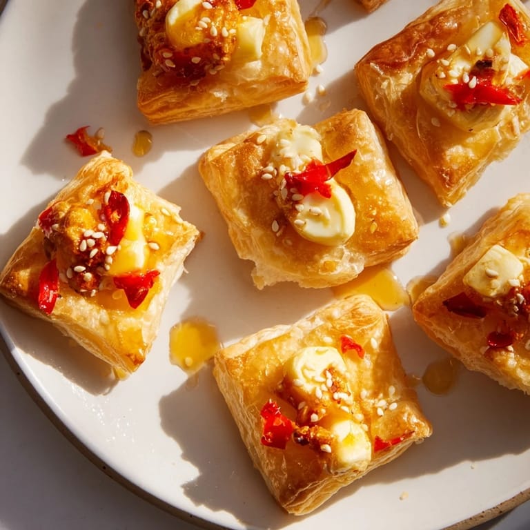 Close-up of baked Chili Crisp Honey Brie Bites, oozing melted Brie and drizzled honey, an inviting appetizer.