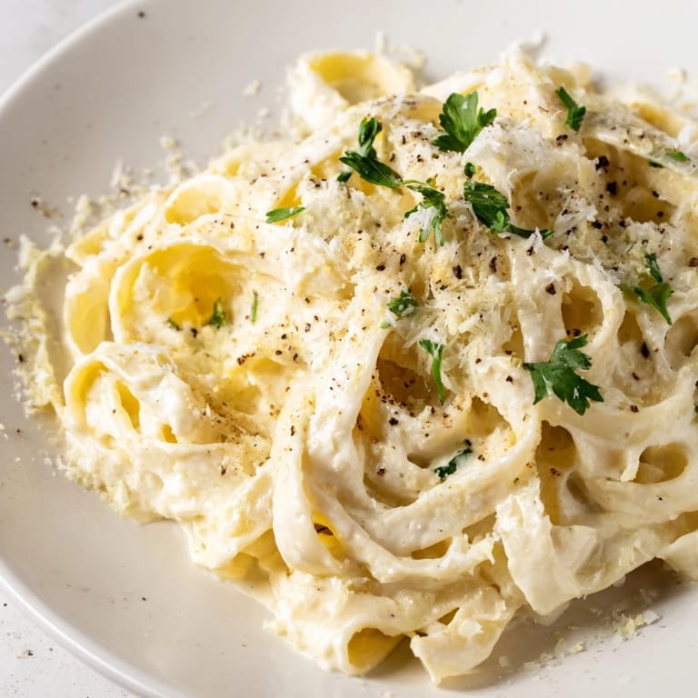 Lighter, protein-packed Cottage Cheese Alfredo Sauce, a rich, white sauce, drizzled over pasta noodles.