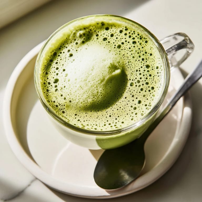 A close-up of a refreshing matcha latte: vivid green hue with a fluffy, frothy cold foam.