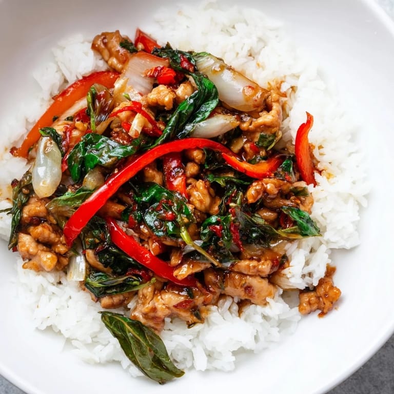 Quick and easy recipe: delicious Thai Basil Chicken Bowls with vibrant vegetables and a glossy sauce.