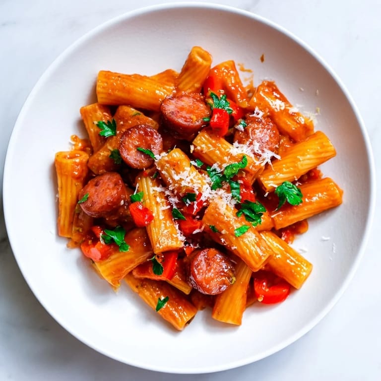 Savory Spanish chorizo pasta, filled with tomatoes and spices, cooked to perfection for a flavorful meal.