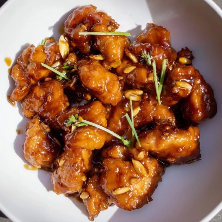 Enjoy flavorful, bite-sized pieces of Vietnamese Caramel Chicken, garnished with fresh chili and scallions.