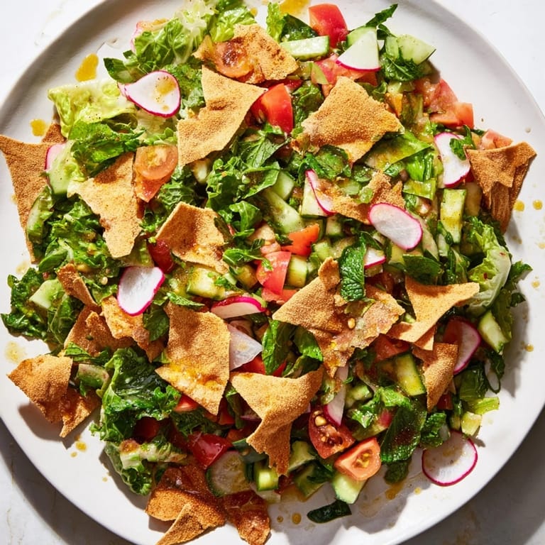 Freshly tossed Lebanese Fattoush Salad with a tangy sumac dressing and golden, crunchy pita.
