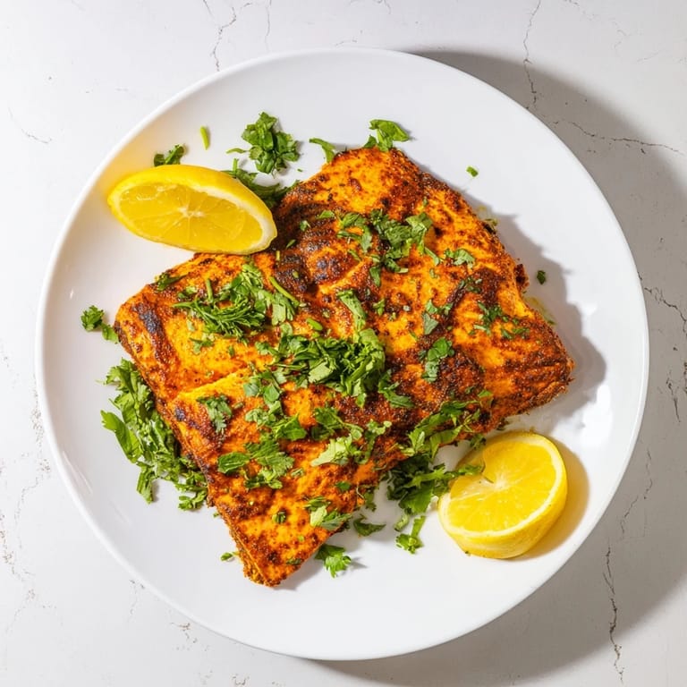 Flaky, tender Indian Tikka Salmon served with fresh cilantro and a squeeze of lemon.