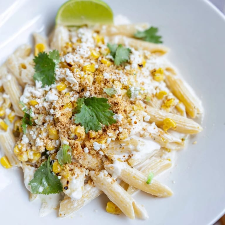 A close-up of the delicious Mexican Street Corn Pasta showcasing the cotija cheese and juicy corn kernels.