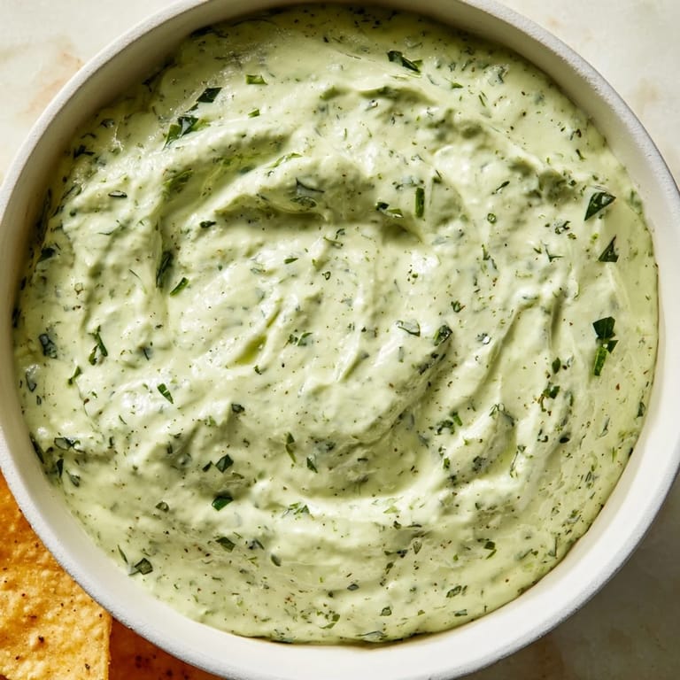 Smooth, pale green Green Goddess Salad Dip in a rustic bowl, with crisp cucumber slices, carrot sticks, and radishes for dipping.