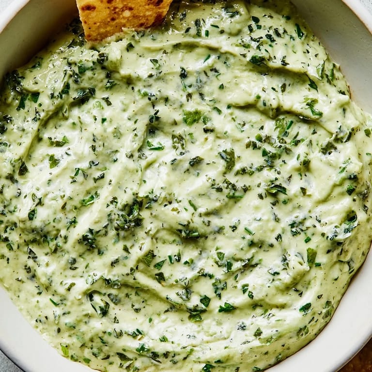 Freshly blended Green Goddess Salad Dip topped with chopped herbs, paired with a platter of assorted vegetables and crispy tortilla chips.