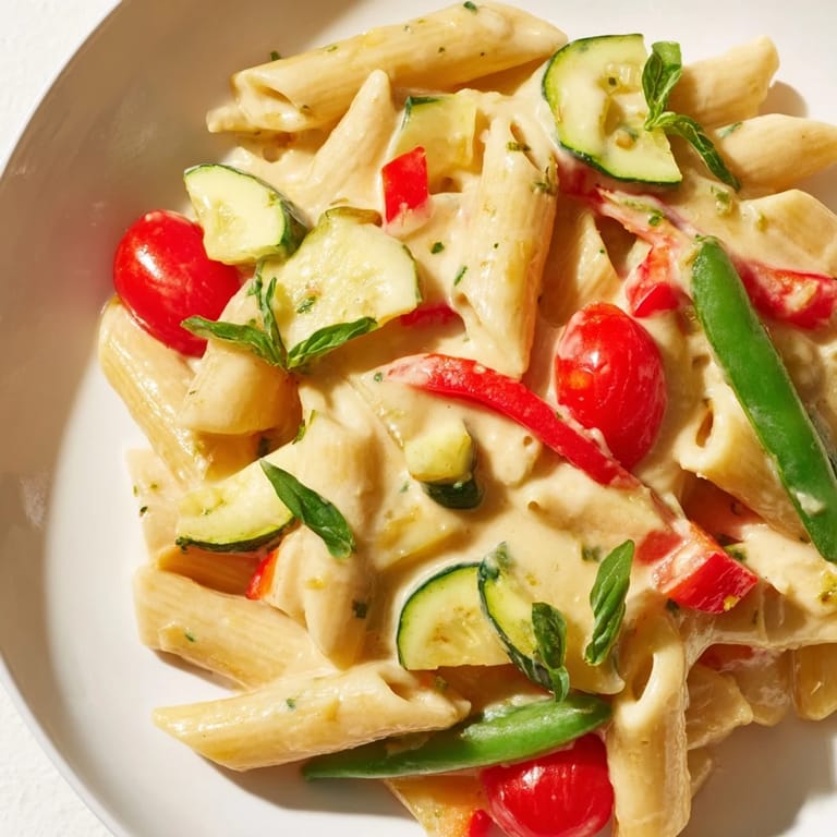 One-Pot Creamy Pasta Primavera served hot from the pot, garnished with fresh basil and extra Parmesan for a family-style meal.  