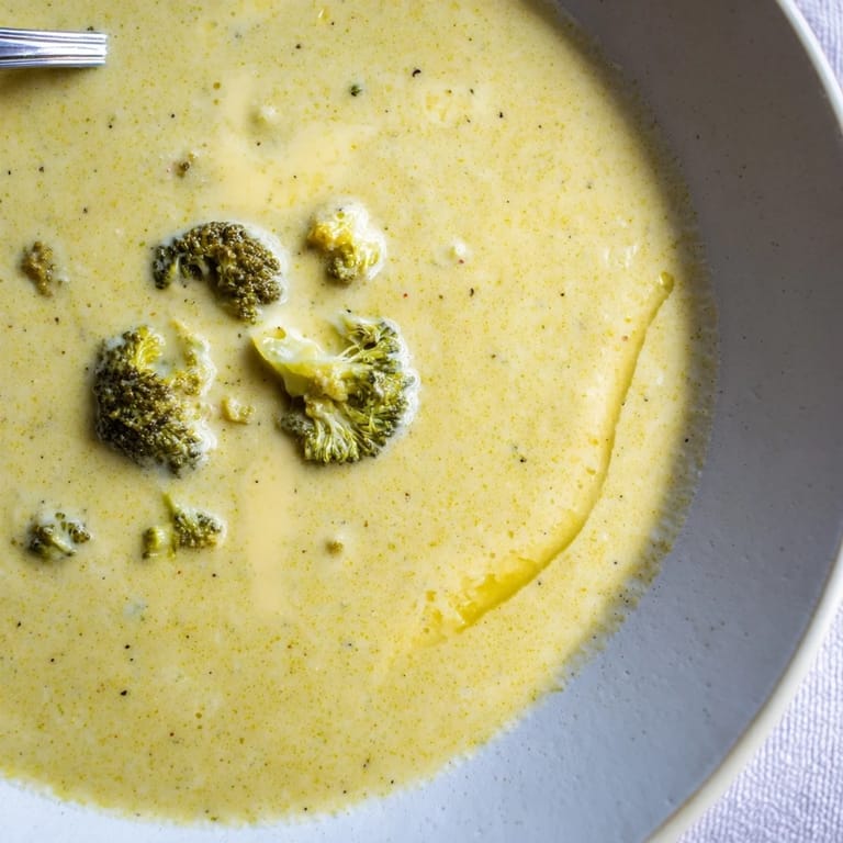 A close-up of rich broccoli cheddar soup shows a smooth, blended texture garnished with fresh florets and grated cheese.