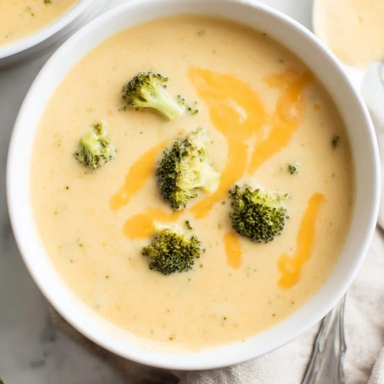 Steaming hot broccoli cheddar soup is ladled into a rustic bread bowl, ready for a cozy, comforting lunch.