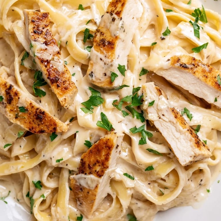 This Skillet Chicken Alfredo showcases tender chicken breast and al dente pasta coated in velvety, nutmeg-scented cream sauce.