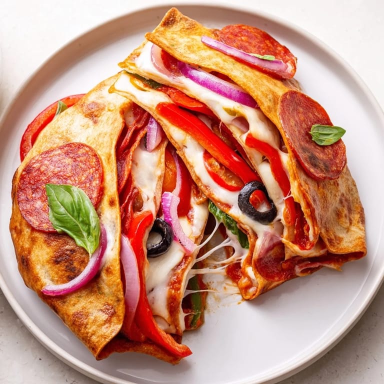 An overhead shot of golden, crispy Tortilla Pizza Wraps with melty mozzarella, fresh basil, and sliced olives on a plate.