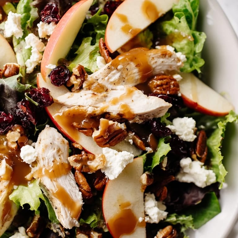 Vibrant autumn salad featuring tender chicken, Honeycrisp apple slices, dried cranberries, and candied pecans tossed with a sweet caramel dressing.
