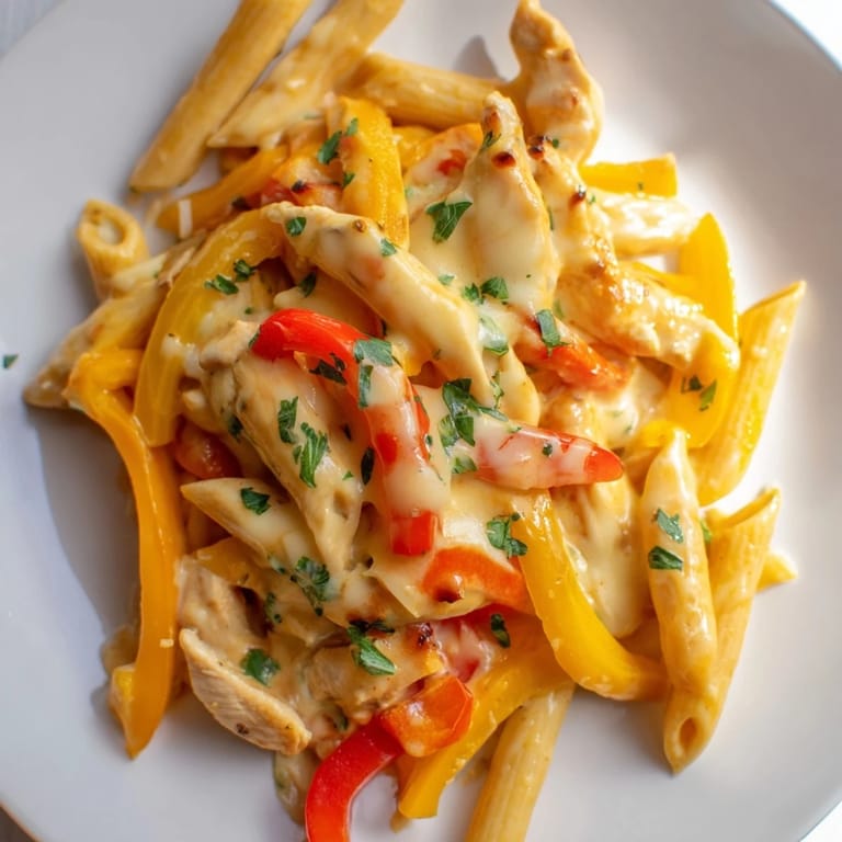 Close-up of tender Chicken Fajita Pasta Skillet featuring creamy sauce, Tex-Mex spices, and a sprinkle of fresh cilantro.