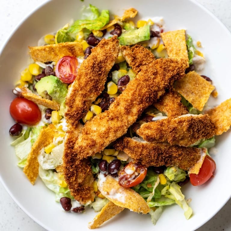 Colorful Tex-Mex salad features crispy chicken, corn, avocado, cheddar, and crunchy tortilla strips on a vibrant bed of greens.