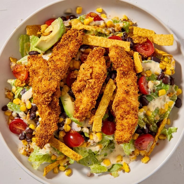 Freshly prepared Crispy Chicken Taco Salad with juicy breaded chicken, beans, and onions, served with a rich salsa ranch dressing.
