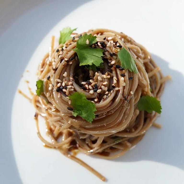 Hearty vegetarian bowl of Spicy Sesame Noodle Salad with wheat noodles, spring onions, and a spicy peanut-laced dressing.