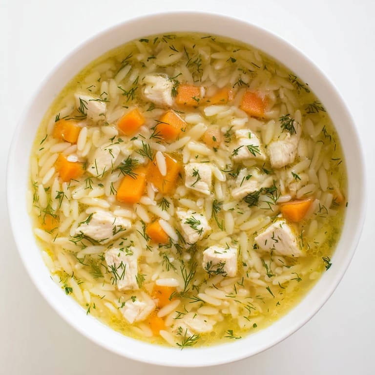 Hearty Chicken Lemon Orzo Soup served with crusty bread, showcasing tender vegetables and golden orzo pasta.  