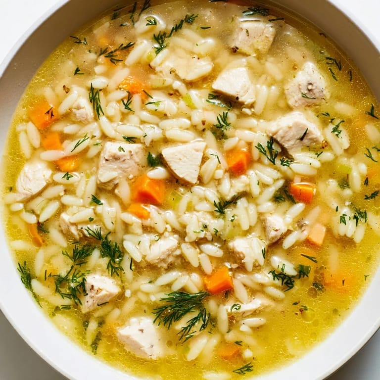 Homemade Chicken Lemon Orzo Soup in a rustic kitchen setting, garnished with parsley and a squeeze of lemon.