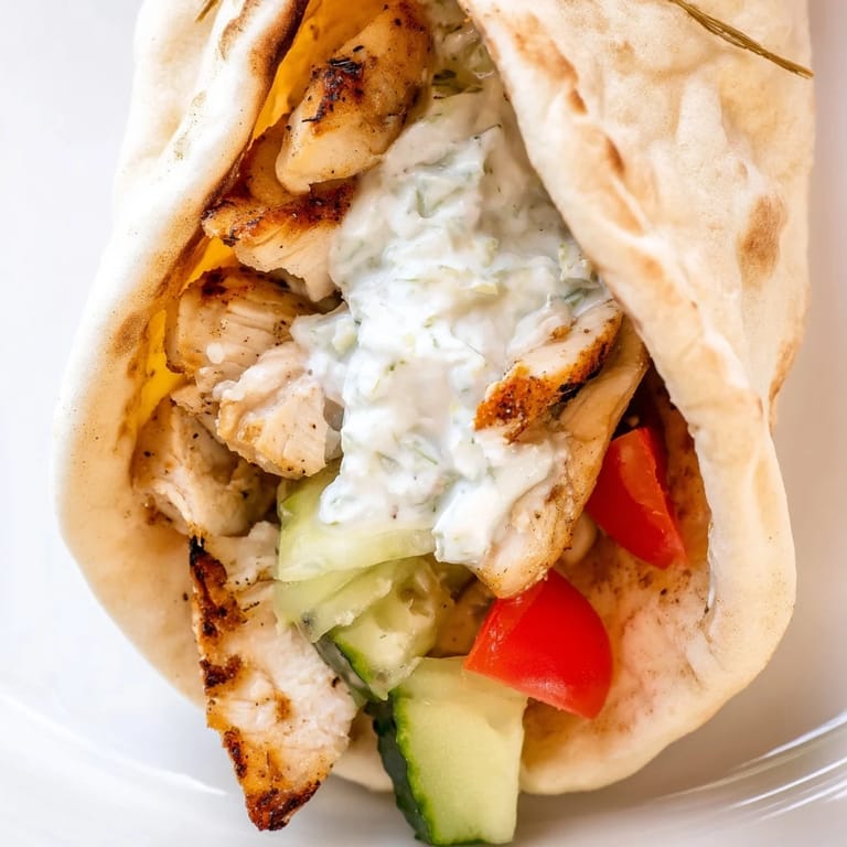 Freshly assembled Greek Chicken Wrap on pita with grilled chicken, diced tomato, cucumber slices, and a drizzle of tzatziki.