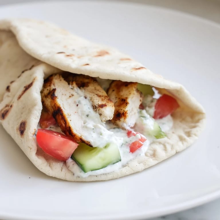 A vibrant Greek Chicken Wrap shows charred chicken strips and cool veggies on a wooden board with lemon wedges.