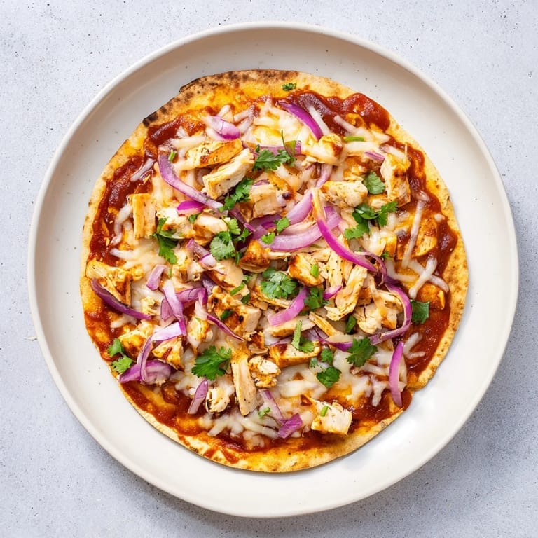 Close-up of a BBQ Chicken Flatbread slice being lifted, revealing gooey melted mozzarella, tangy BBQ sauce, and juicy diced chicken toppings.