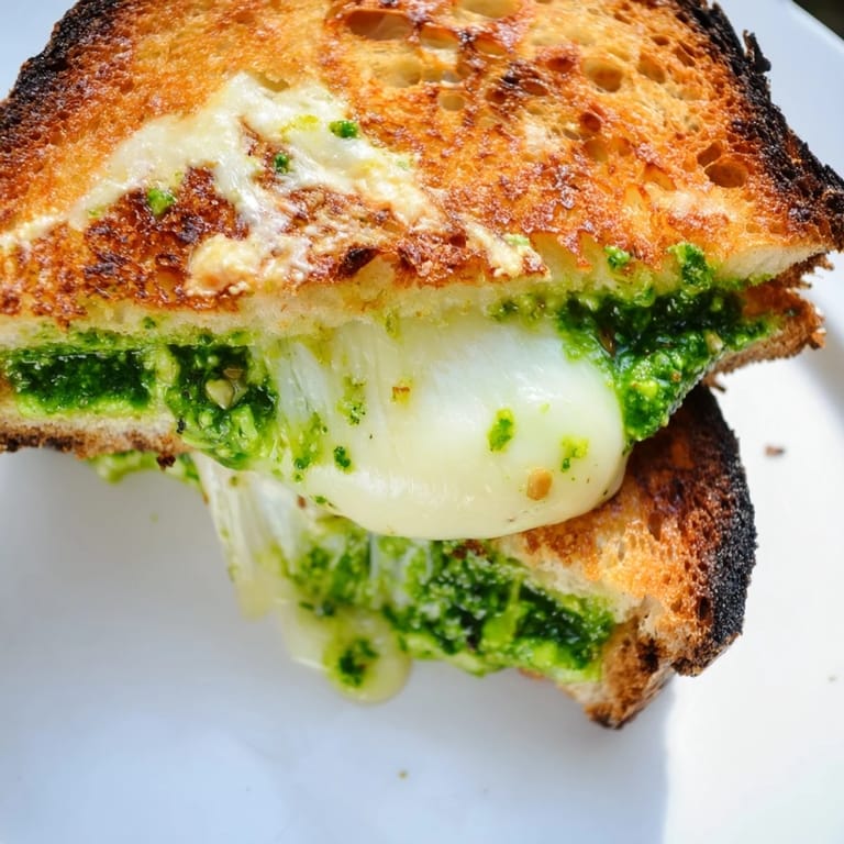 Freshly made spring pea pesto layered with mozzarella, grilled in butter until the bread is toasted and the cheese bubbles.