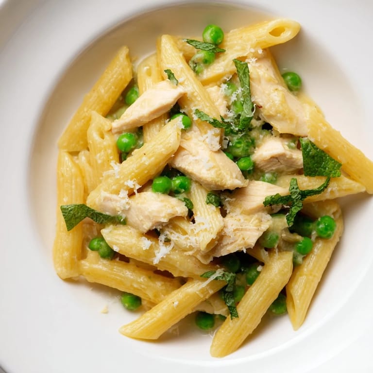 A close-up of steaming Pea & Mint Chicken Pasta shows fresh mint leaves and shaved Parmesan scattered over the creamy, spring-inspired Italian main dish.
