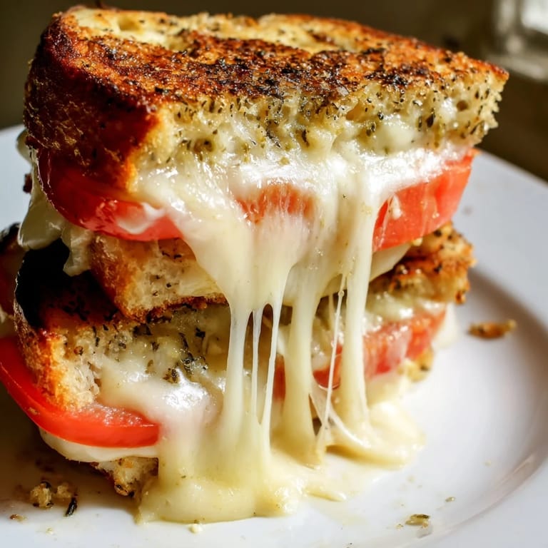 Close-up of Pepper Jack & Tomato Grilled Cheese on a cutting board, highlighting juicy red tomato slices.