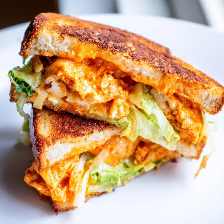 A close-up shows the cheesy, crispy Buffalo Chicken Caesar Grilled Cheese, ready to be enjoyed hot.  
