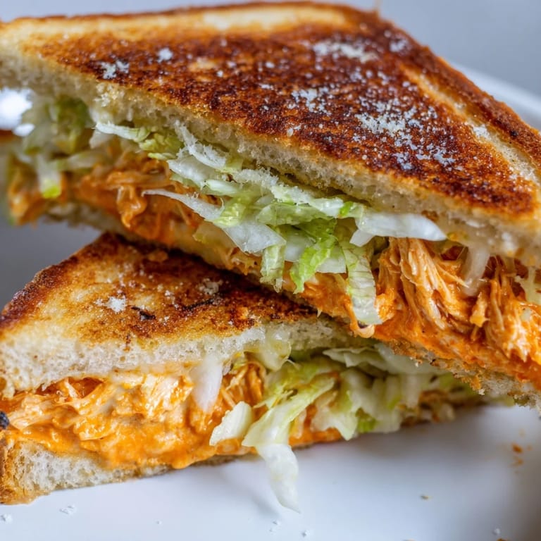 Freshly grilled Buffalo Chicken Caesar Grilled Cheese on a plate, featuring melted cheese and tangy dressing.