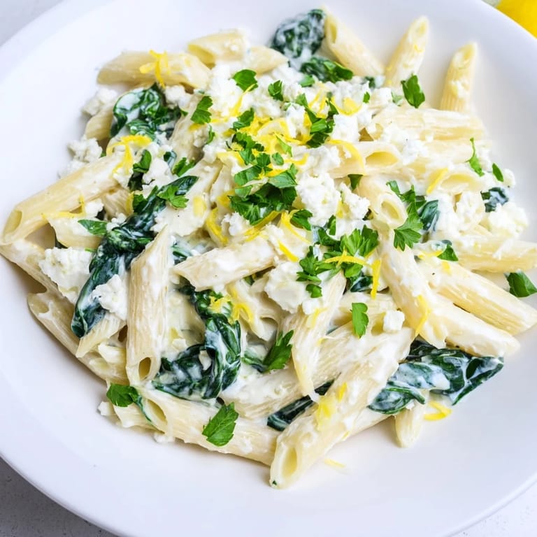 Spoon lifting a serving of Creamy Feta Spinach Pasta, revealing the tangy, velvety sauce and tender spinach leaves.