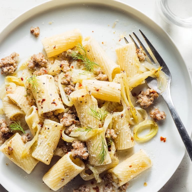 A steaming skillet of Winter Pasta with Sausage and Fennel, ready to serve on a cozy dinner table for four.