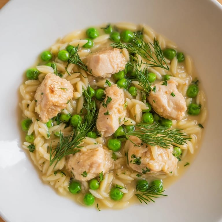 A close-up of the finished Lemon Herb Chicken Orzo Skillet garnished with fresh parsley and dill, ready to serve for dinner.