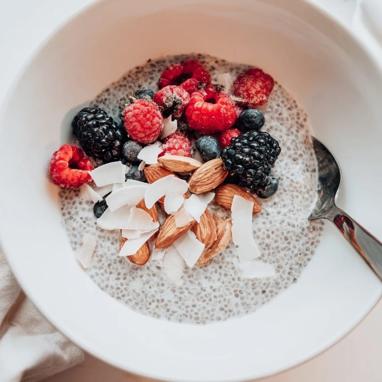 A nutritious breakfast dessert with poppy seed chia pudding topped with shredded coconut.  